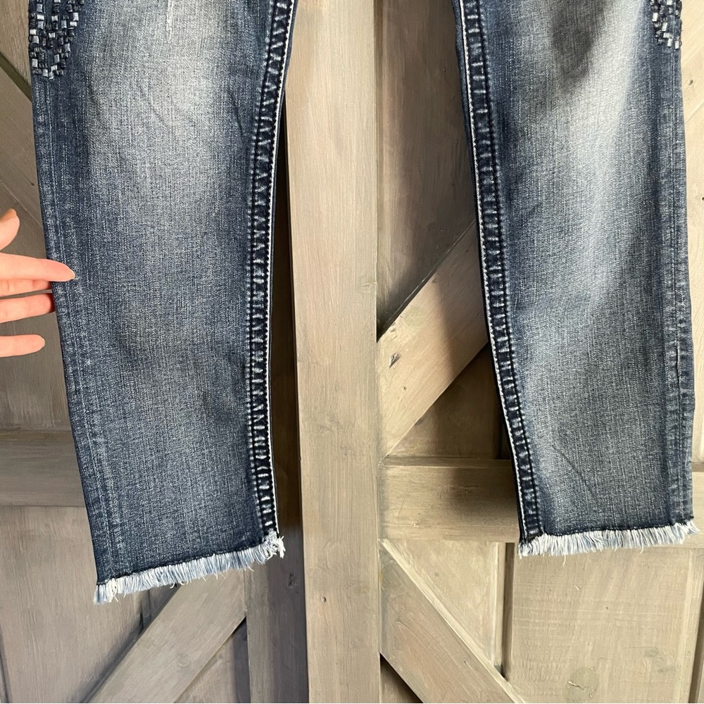 Miss me ankle skinny jeans, size 29 frayed hem‎ basketweave embroidered legs - Picture 3 of 7